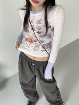 ナッティーキッチュキャットカラーマッチングリブウォーマー長袖Tシャツ