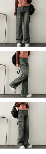 lock vintage cutting washing zipper pocket denim pants