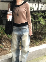 ビンテージツインキャットウォッシングデニムワイドパンツ