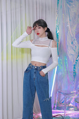 ジッパーショルダーメッシュクロップTシャツ/TOP(8304) Zipper Shoulder Mesh Crop Tee