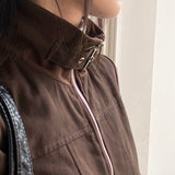 Tatter ribbed coloring belt two-way crop zip-up jacket
