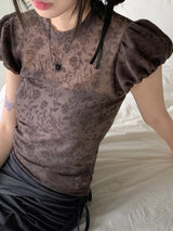 ペレシースルーフラワーパフショートスリーブTシャツ