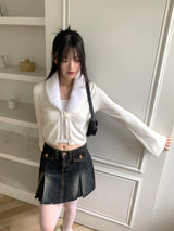 Kime collar fur ribbon string long sleeve cardigan