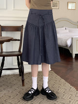 リボンひも ベルト 裏バンディング インディゴ デニム フレア ミディ スカート /Sage Ribbon String Belt Back banding Indigo Denim Flare Midi Skirt