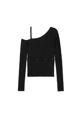 ツーウェイリブドアシメトリックニットトップ / TWO WAY RIBBED ASYMMETRIC KNIT TOP (BLACK)