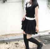 romantic lovely ribbon choker frill ribbed T-shirt