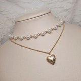  Heart Locket Layered Pearl Choker Necklace - Gold ver. (STAYC Seeun, Billlie Sheon Necklace)