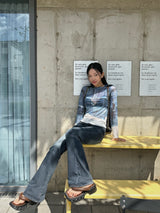Denim see-through long sleeve top