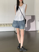 ストライプボタンベストノースリーブブラウス / Banet Stripe Button Vest Sleeveless Blouse