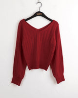 High knee ribbed V-neck semi-crop long-sleeve knit