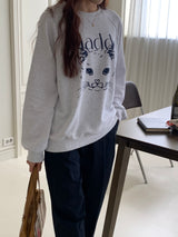キャットドローイングスウェットシャツ/CAT DRAWING SWEATSHIRTS (WHITE MELANGE)