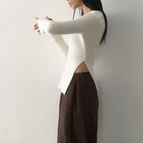 Laffen angora side diagonal slit damage long sleeve knit