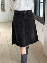 Bamit Vintage Washing Slit Midi Denim Skirt