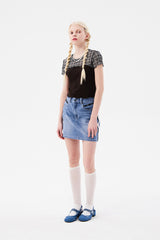 スモールチェリーメッシュパターンカラーミックスクロップTシャツ / SMALL CHERRY MESH PATTERN COLOR MIX CROP T-SHIRT [BROWN]