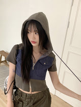 S-ヤングワッフルデニムカラーリングツーウェイクロップ半袖ジップアップ/S-young waffle denim coloring two-way crop short-sleeved zip-up