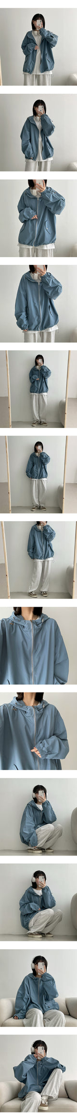 カーリングストリングハイネックウィンドブレーカーフードジップアップ / Couring String High-Neck Windbreaker Hooded Zip-Up