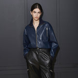 [UNISEX] ROY FAUX LEATHER JUMPER, NAVY (6626804367478)