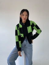 グリーンチェックニットジップアップ/green check knit zip-up