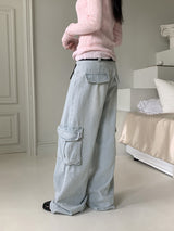 Washed Pocket Cargo Light Blue Long Wide Denim Pants
