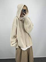 ウォームフーデッドニットジップアップ/Warm hooded knit zip-up