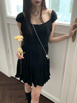 ウィロンシフォンキャップスリーブボタンプリーツフレアミニワンピース / Willon Chiffon Cap Sleeve Button Pleated Flare Mini One Piece