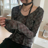 [Scarf set] Felde check see-through shirring long sleeve t-shirt