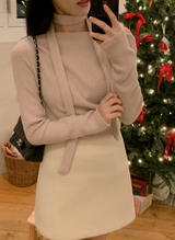 Rose Boat Neck Knit T-shirt + Tie Set (5color)