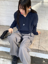 ダルツイストVネックロングスリーブフーデッドニット