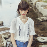 ブラックエンブロイダードタックブラウス/[LINE] Black Embroidered Tuck Blouse