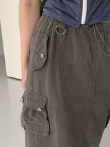 コットンポケットカーゴストリングバックオープンバンディングロングスカート /Mark cotton pocket cargo string back open banding long skirt