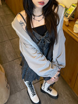 モリガールコットンデニムリボンスリーブレス / Morigirl cotton denim ribbon sleeveless
