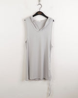 スクエアサイドストリングロングフードノースリーブシャツ / square side string long hooded sleeveless shirt