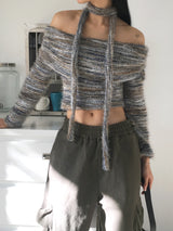 [Muffler set] Mikel Bokashi off-shoulder angora knit