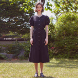 シングルボタンリネンパフドレス / Single Button Linen Puff Dress