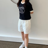 キャットビンテージピンクプリントセミクロップTシャツ / CAT VINTAGE DRAWING PINK PRINTING SEMI CROP T-SHIRTS BLACK