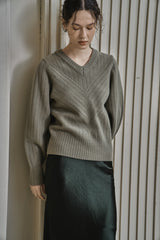リブ Vニットトップス/RIBBED V-KNIT TOP_L.GREEN