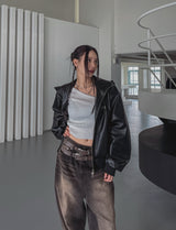 [PREMIUM/MADE] Nut leather label crop hooded jumper