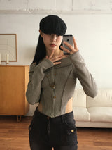 Tempt off-shoulder cut line ribbed crop zip-up