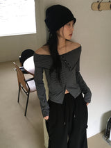 Willin ストライプ ボタン スリット オフショルダー T シャツ