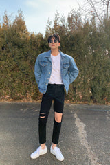 [MADE] Solid Tone Distressed Jeans (6690556444790)