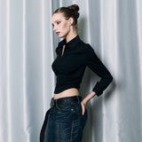 V-shape Cropped Blouse [Black]