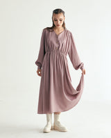 V-NECK CREASE SHIRRING ONEPIECE - INDI PINK (6635995889782)