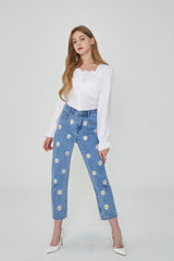 ストレートフィットフラワー刺繍デニムパンツ/IZ*ONE CHEWON, LOVELYZ KEI, ROCKET PUNCH YEONHEE WORN STRAIGHT FIT FLOWER EMBROIDERY DENIM PANTS [6663]