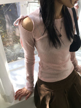 ノンデ年末風リボンスリットリブ長袖Tシャツ