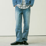 STRAIGHT DOUBLE KNEE WASHED DENIM PANTS BLUE