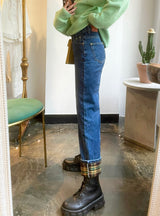 ワイドフィットロールアップチェックデニムパンツ/WIDE FIT ROLL-UP CHECK DENIM PANTS [6882]