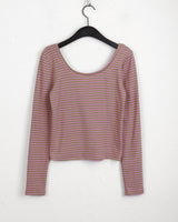 Gtel Vintage Striped Deep U-Neck Long Sleeve T-Shirt