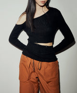ツーウェイリブドアシメトリックニットトップ / TWO WAY RIBBED ASYMMETRIC KNIT TOP (BLACK)