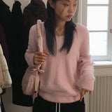 Winty soft angora pastel V-neck long sleeve knit