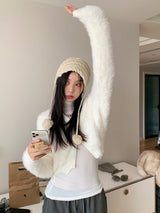 Angora hood knit zip-up